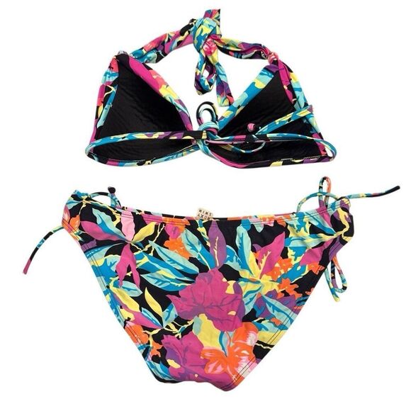 Roxy Floral Print Halter Triangle Tie Side Bikini Set 2 Piece Multicolor Small - Picture 2 of 3